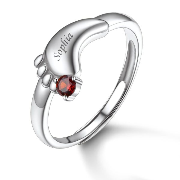 Custom Name Sterling Silver Baby Feet Ring with Birthstone